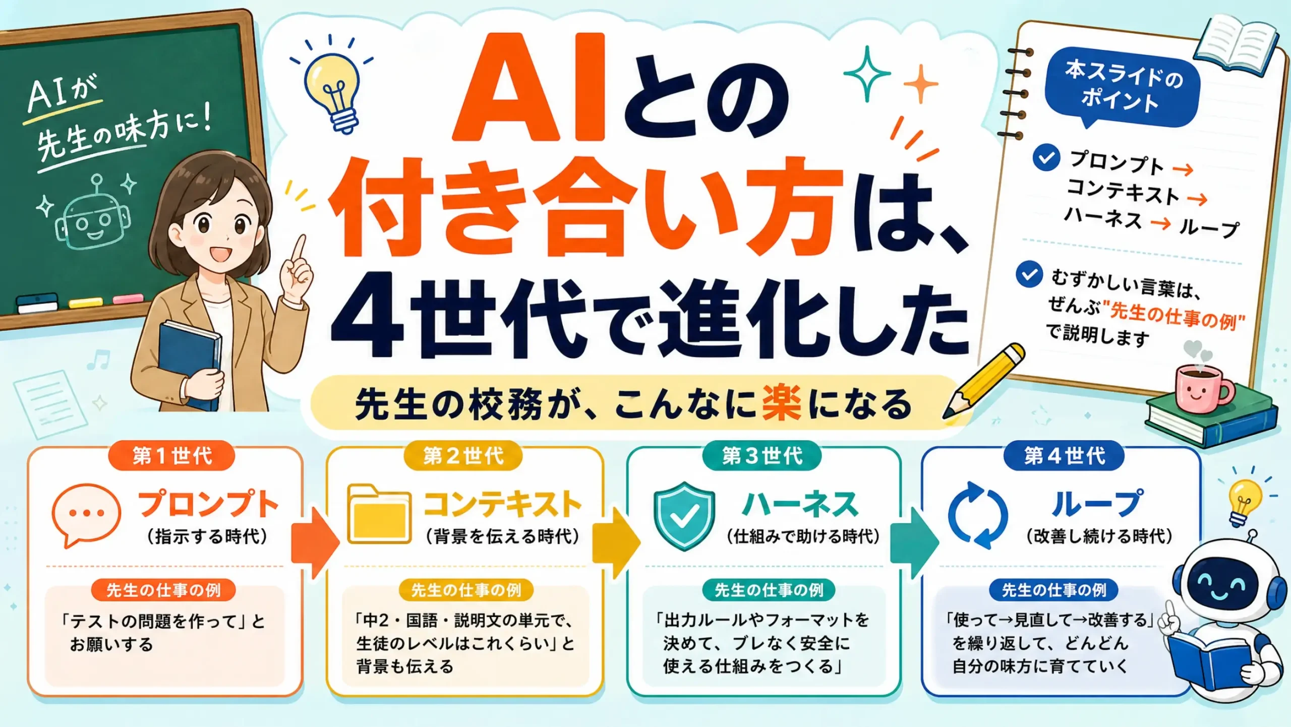 AIとの付き合い方が4世代に進化したことを先生の仕事の例で示したスライド