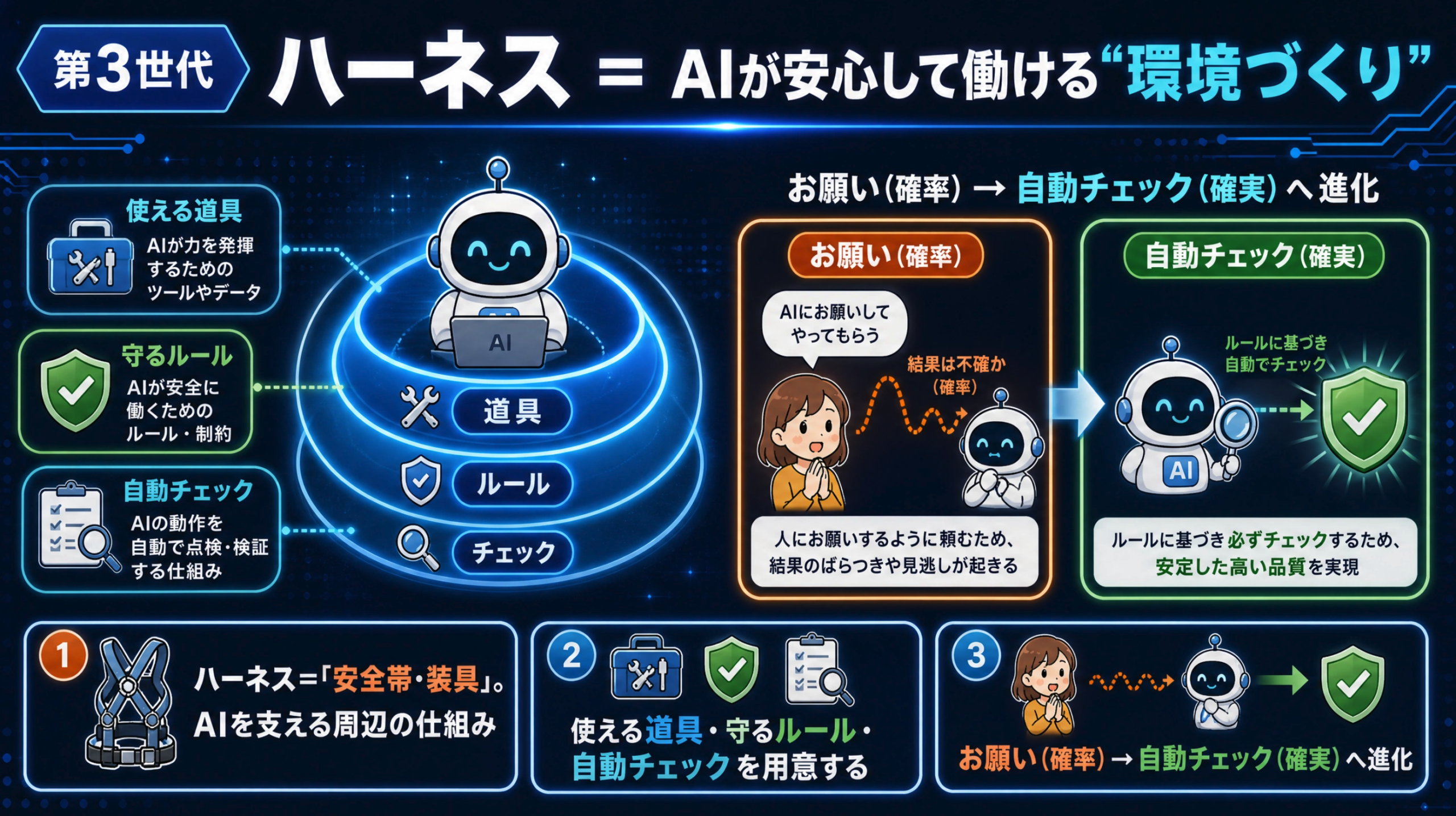 ハーネスでAIの作業環境(道具・ルール・自動チェック)を整える仕組みの図