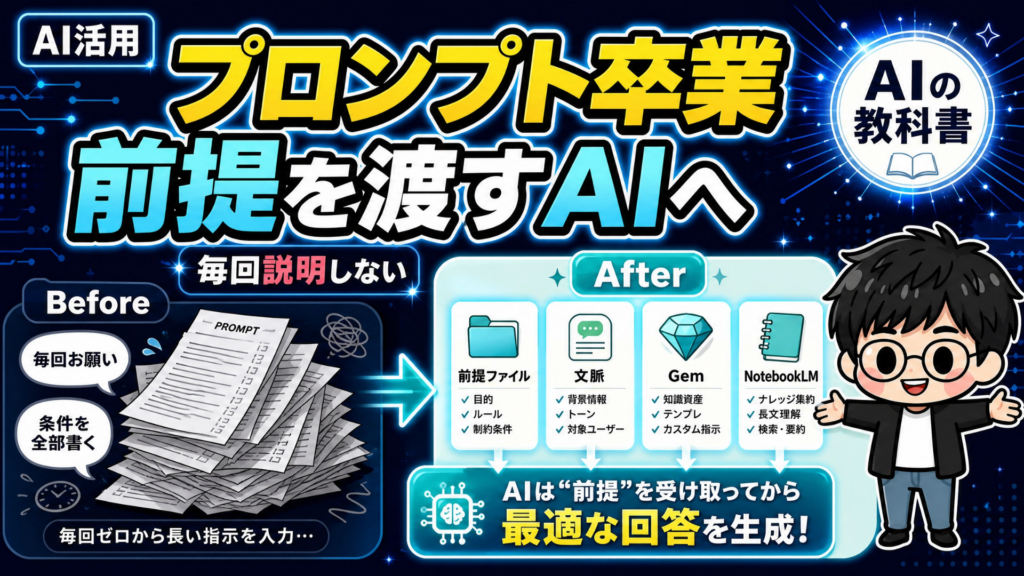 毎回の説明をやめ、前提を渡すAIへ移行することをBefore・Afterで示した図